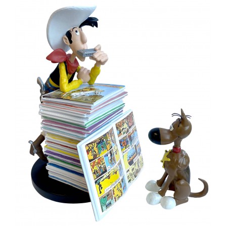Figura Coleccionista Lucky Luke & Rantanplan  sobre una pila de Comics