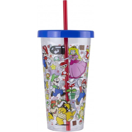 Vaso plastico+pajita super mario 700ml
