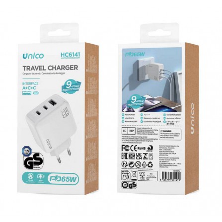 Cargador de Viaje Triple Puerto (2x Tipo-C y USB-A) PD65W Certificado GS